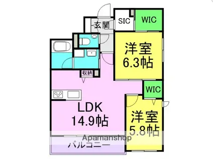 AZURE 天道町(2LDK/3階)の間取り写真