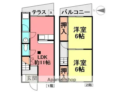 東海道本線 立花駅 徒歩10分 2階建 築53年(2LDK)の間取り写真