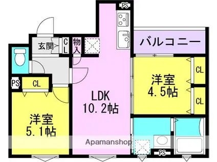クリエオーレ崇徳院(2LDK/3階)の間取り写真