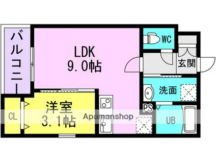 ザカラー東本町B棟(1LDK/2階)の間取り写真