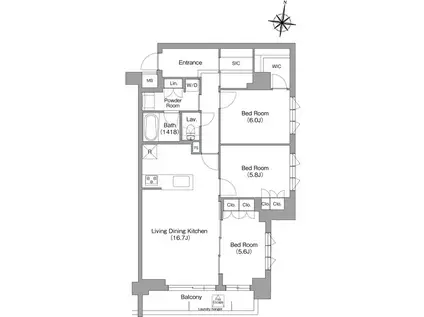 ミレーネ神戸住吉本町(3LDK/3階)の間取り写真