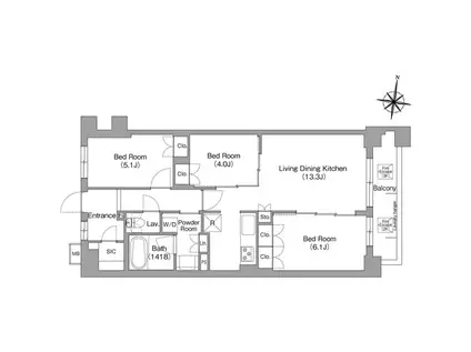 ミレーネ神戸住吉本町(3LDK/3階)の間取り写真