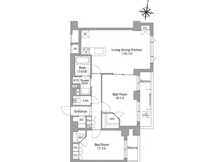 ミレーネ神戸住吉本町(2LDK/3階)の間取り写真
