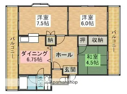 アンビエンテ横山Ⅱ号棟(3DK/1階)の間取り写真