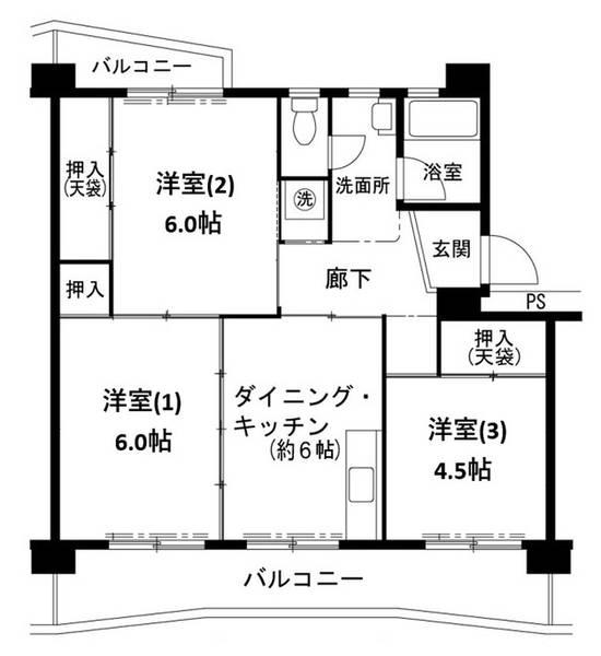 ビレッジハウス志染5号棟(3DK/3階)の間取り写真