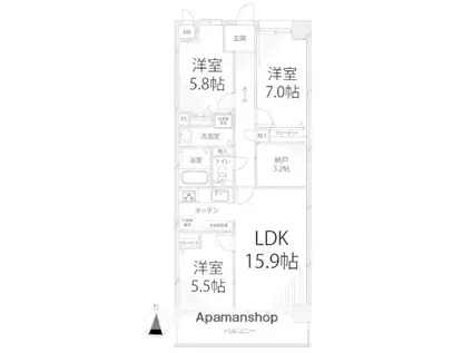 キャッスルコート田寺(3LDK/6階)の間取り写真