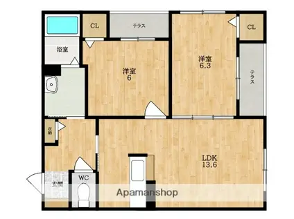 SHAMAISON 観音寺 A(2LDK/1階)の間取り写真