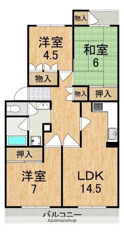 近鉄難波・奈良線 新大宮駅 徒歩14分 5階建 築48年(3LDK/3階)の間取り写真