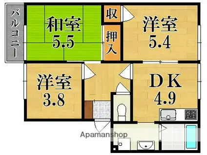 ボナール高塚台B棟(3DK/1階)の間取り写真