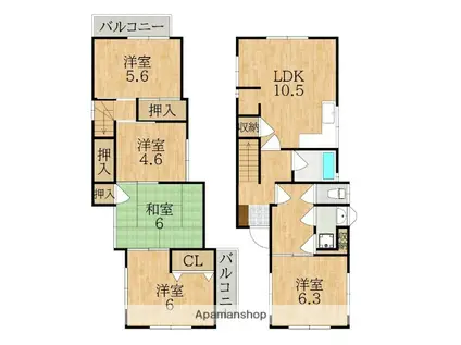 近鉄難波・奈良線 富雄駅 徒歩35分 2階建 築47年(5LDK)の間取り写真