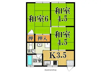 近鉄橿原線 西ノ京駅 徒歩10分 2階建 築49年(3K/2階)の間取り写真