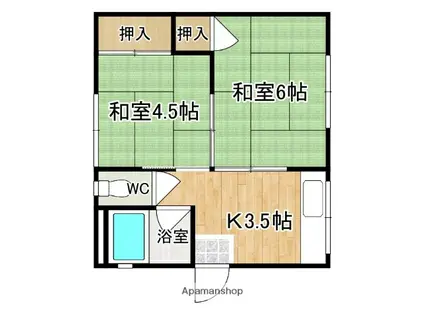 若草荘B(2K/2階)の間取り写真