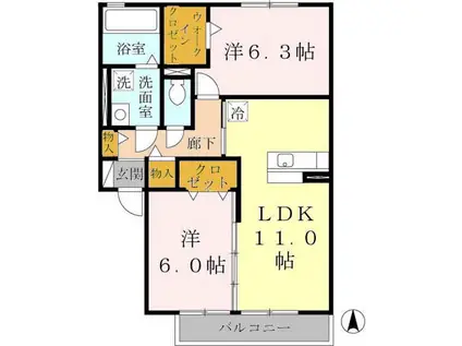 グリーンヒルズ C(2LDK/2階)の間取り写真