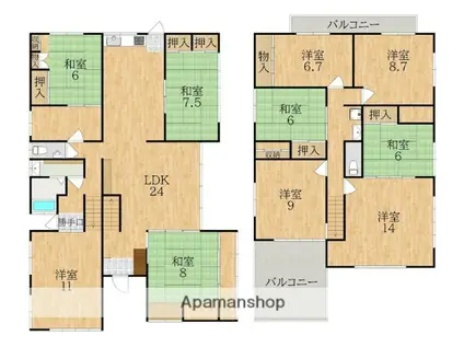 近鉄難波・奈良線 富雄駅 徒歩10分 2階建 築51年(7LDK)の間取り写真
