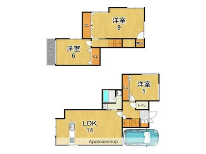 近鉄京都線 高の原駅 徒歩26分 2階建 築42年(3LDK)の間取り写真