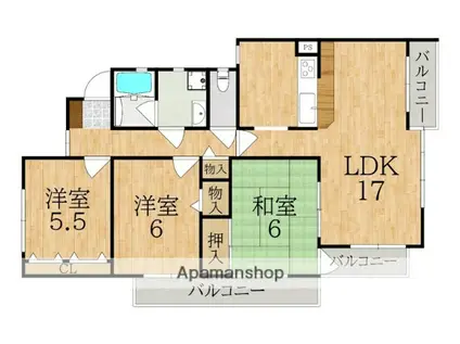 富雄サンパレスI号館(3LDK/1階)の間取り写真