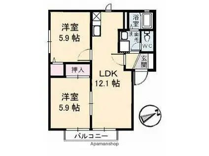 カーサイベリアルD棟(2LDK/2階)の間取り写真