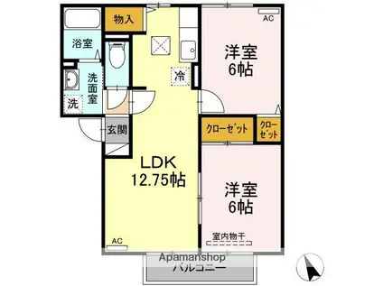 ロワール福原 C棟(2LDK/1階)の間取り写真