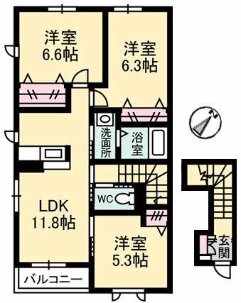 コン・アモーレ夢咲Ⅱ(3LDK/2階)の間取り写真