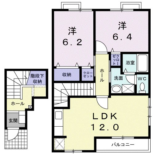 オーブリーヒキノA(2LDK/2階)の間取り写真