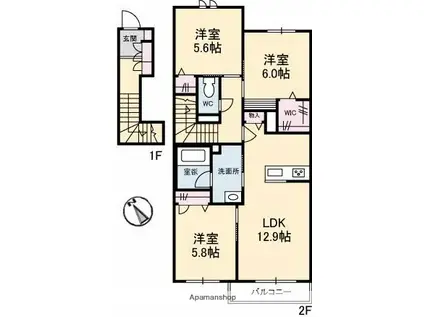 アンソレイユ B棟(3LDK/2階)の間取り写真