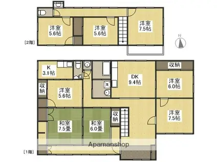 宇野線 宇野駅 徒歩72分 2階建 築42年(7DK)の間取り写真