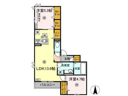 プレミール北長瀬(2LDK/1階)の間取り写真