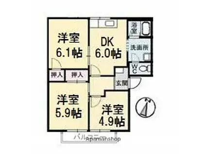 オーキッド倉敷ⅡC棟(3DK/1階)の間取り写真