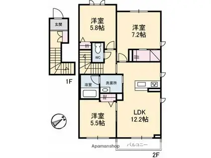 パピリオタウン A棟(3LDK/2階)の間取り写真