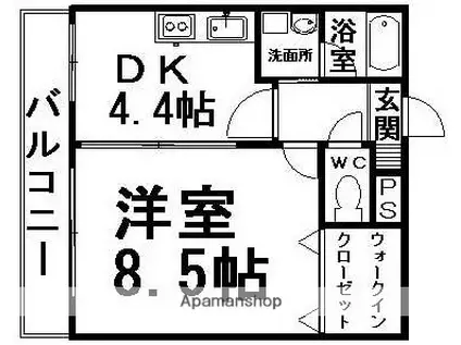 ハートフル医大南(1DK/2階)の間取り写真