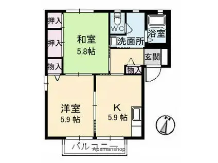 サリーレ太陽ⅡB棟(2K/2階)の間取り写真