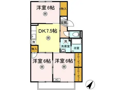 ルレーブ・KD棟(3DK/1階)の間取り写真