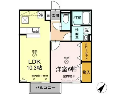 プレミールB棟(1LDK/1階)の間取り写真