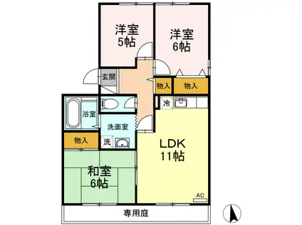 ニューカースルA棟(3LDK/1階)の間取り写真