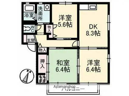 ペルレC棟(3DK/1階)の間取り写真
