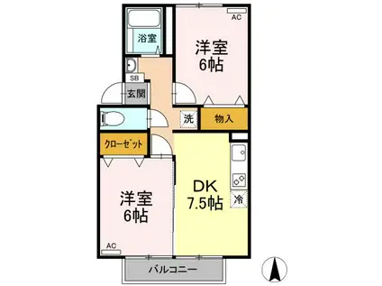 ファミール桃の郷A棟(2DK/2階)の間取り写真