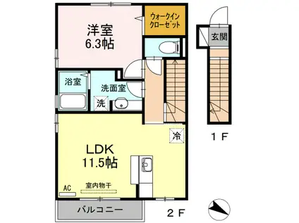 ディアコート藤本(1LDK/2階)の間取り写真