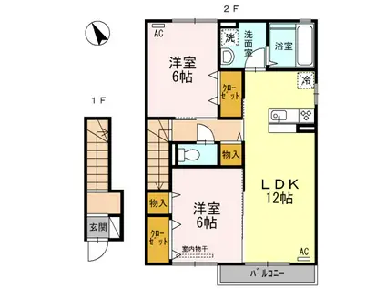 サニーコート水呑 B棟(2LDK/2階)の間取り写真
