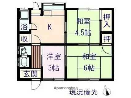 福塩線 福山駅 バス乗車時間:12分 西一の川バス停で下車 徒歩5分 1階建 築53年(3K)の間取り写真