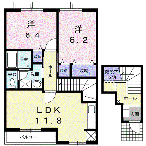 メゾンアンソレイエB(2LDK/2階)の間取り写真