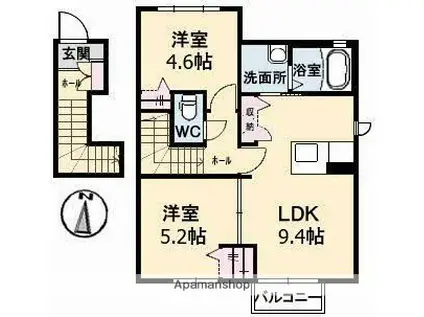 プラムコート B棟(2DK/2階)の間取り写真
