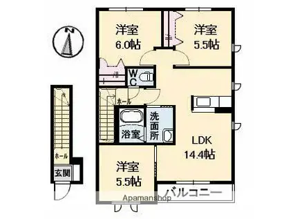 スカイハイツ坪生 B棟(3LDK/2階)の間取り写真