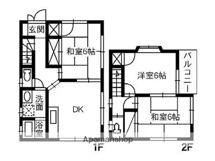 福塩線 福山駅 徒歩25分 2階建 築22年(3DK)の間取り写真