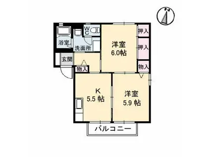 カーサ・アミーガD棟(2DK/2階)の間取り写真