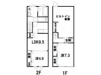 インナーガレージ付きサンメゾン西条西本町(2DK/1階)の間取り写真