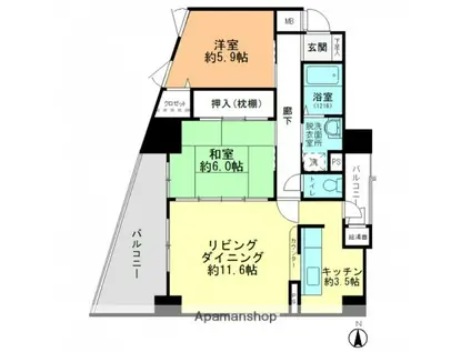 ダイアモンドビュー(2LDK/6階)の間取り写真