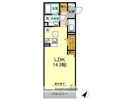 アン・レガーロ B棟(ワンルーム/1階)の間取り写真