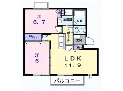 グランディスB(2LDK/2階)の間取り写真