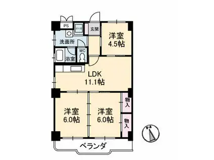 真締川ハイツ(3LDK/4階)の間取り写真
