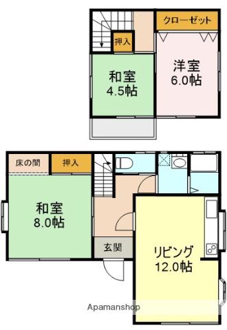 宇部線 宇部岬駅 徒歩11分 2階建 築43年(3LDK)の間取り写真